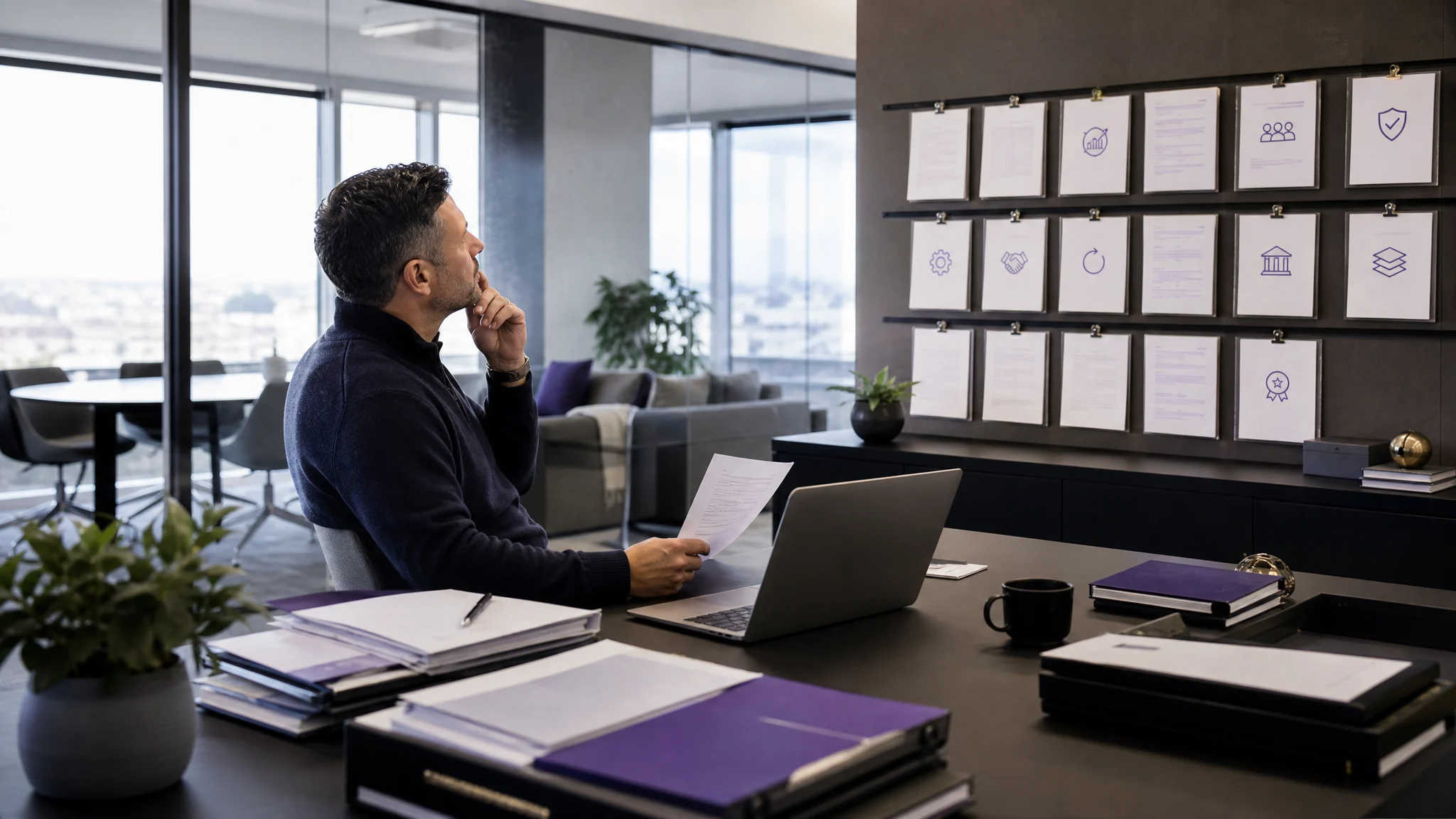 Founder reviewing business sale preparation documents at a clean desk with organized folders and a laptop
