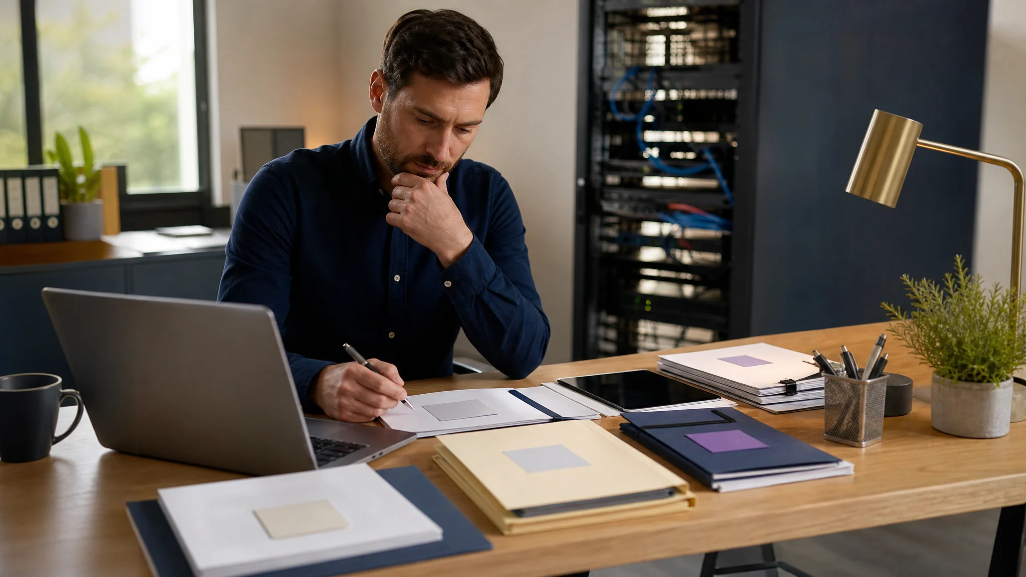 Founder reviewing business sale documents at a desk with a laptop and organized diligence materials