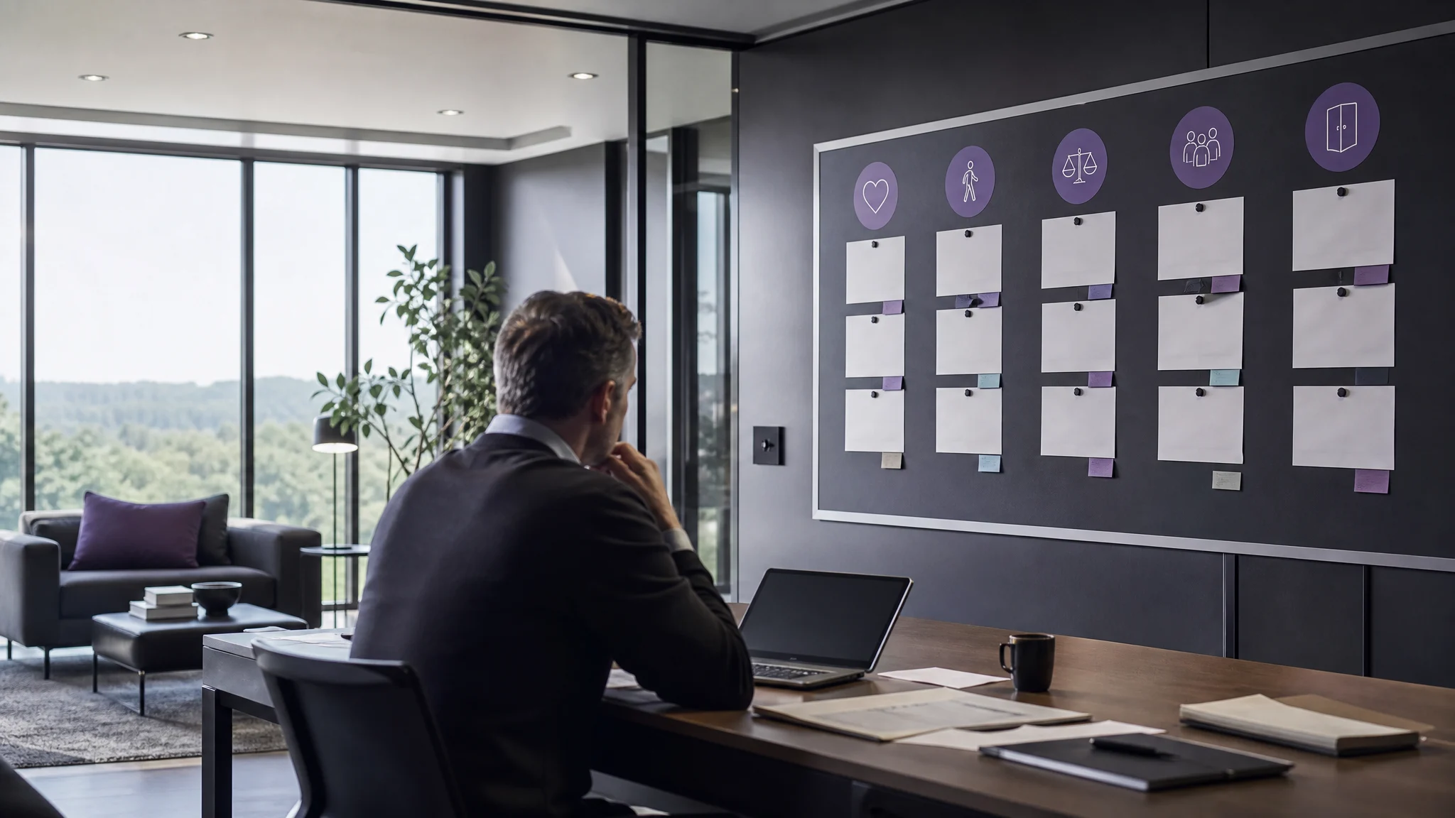 Founder reviewing a succession planning checklist at a conference table with business documents and subtle brand-color accents