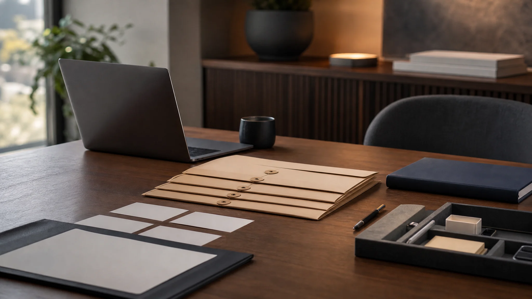 Two business operators reviewing acquisition diligence materials in a calm conference room