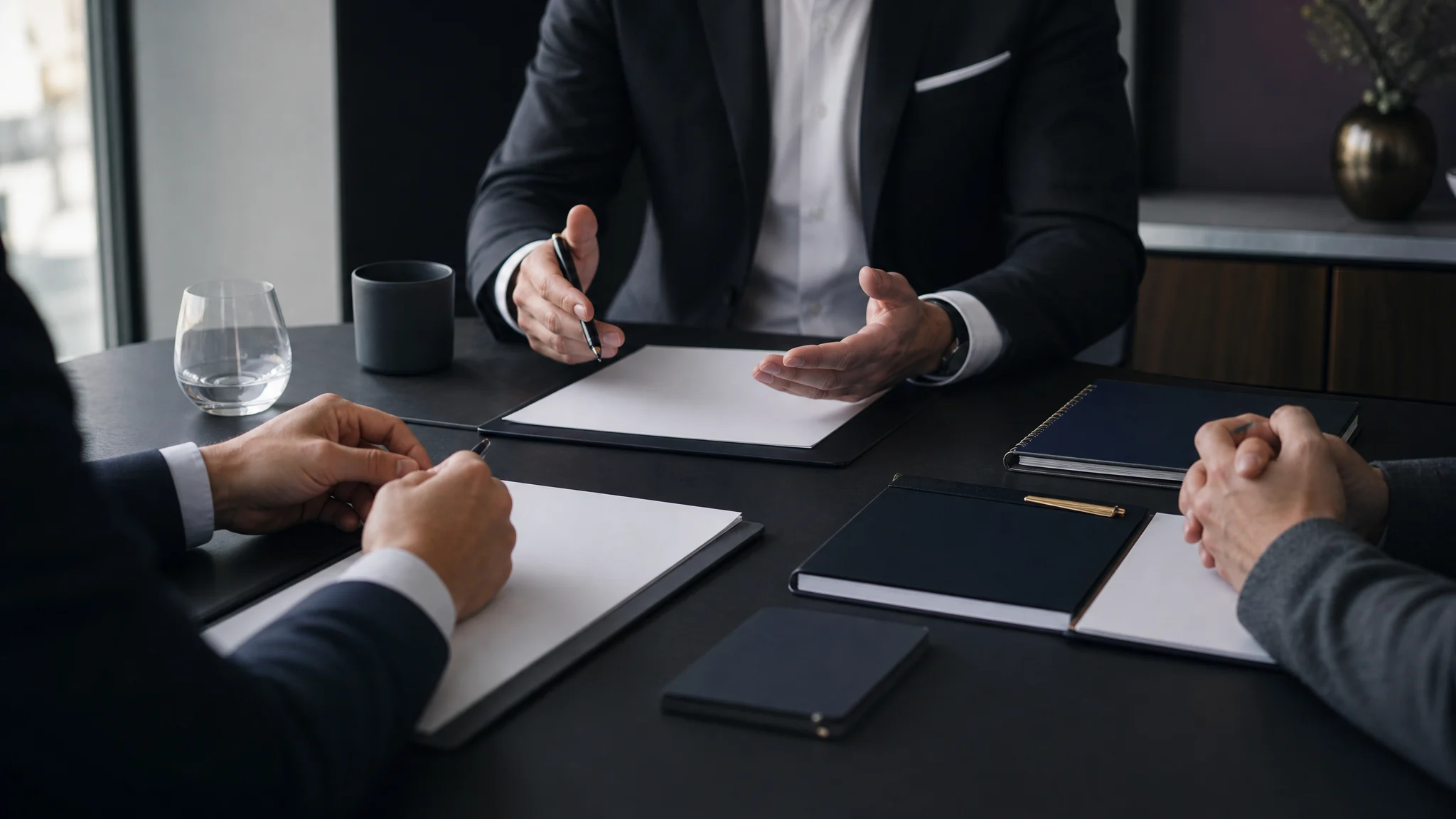Founder and advisors reviewing a business sale process in a modern conference room