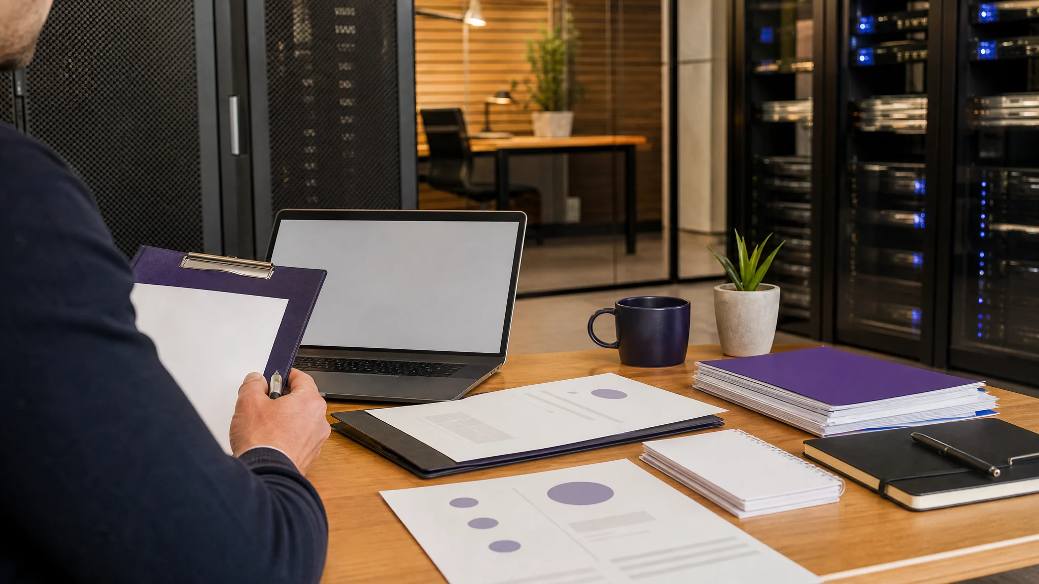 Founder reviewing business sale fee options at a desk with financial documents and a laptop