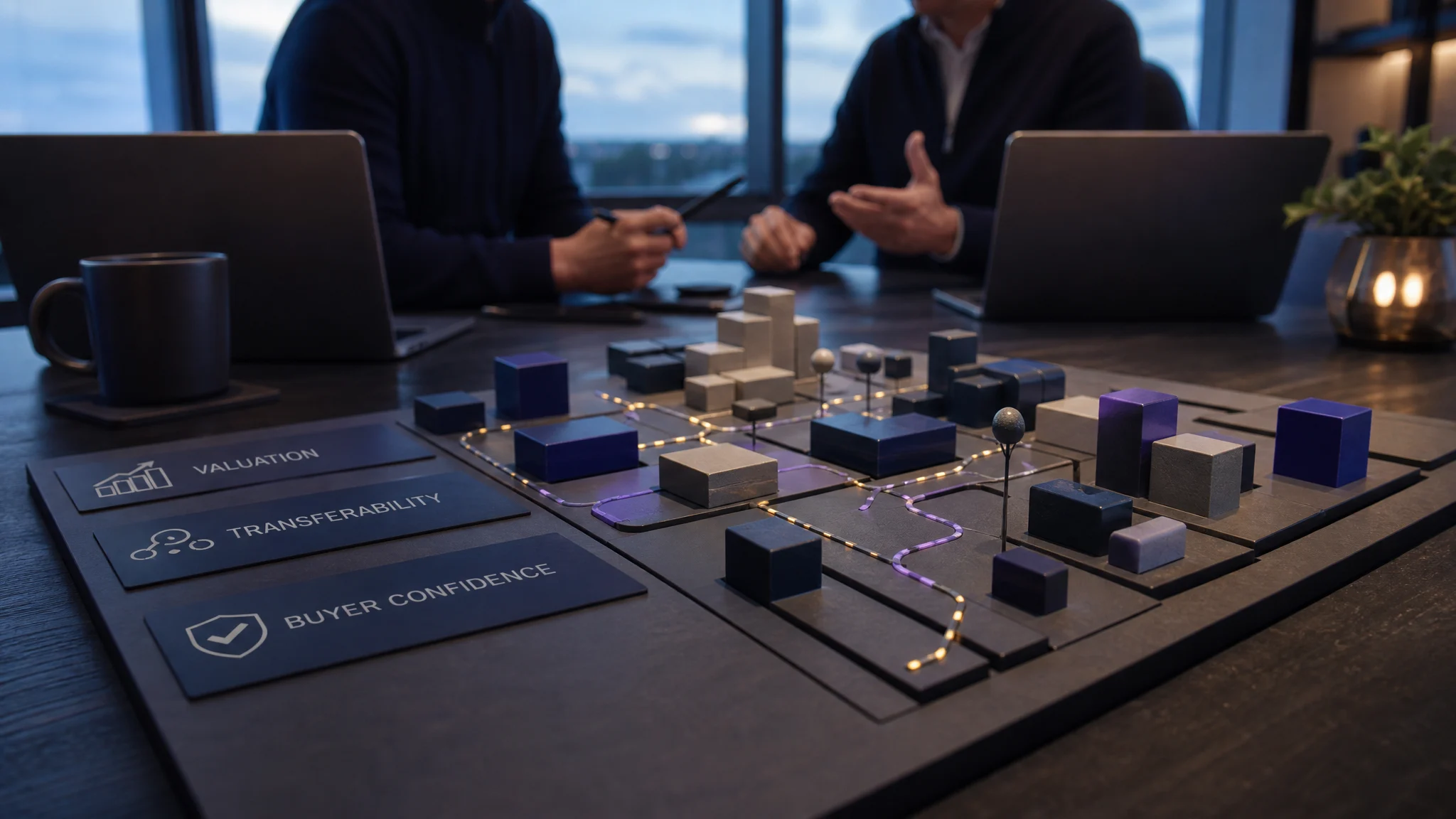 Founder and buyer reviewing SaaS acquisition diligence materials in a modern office