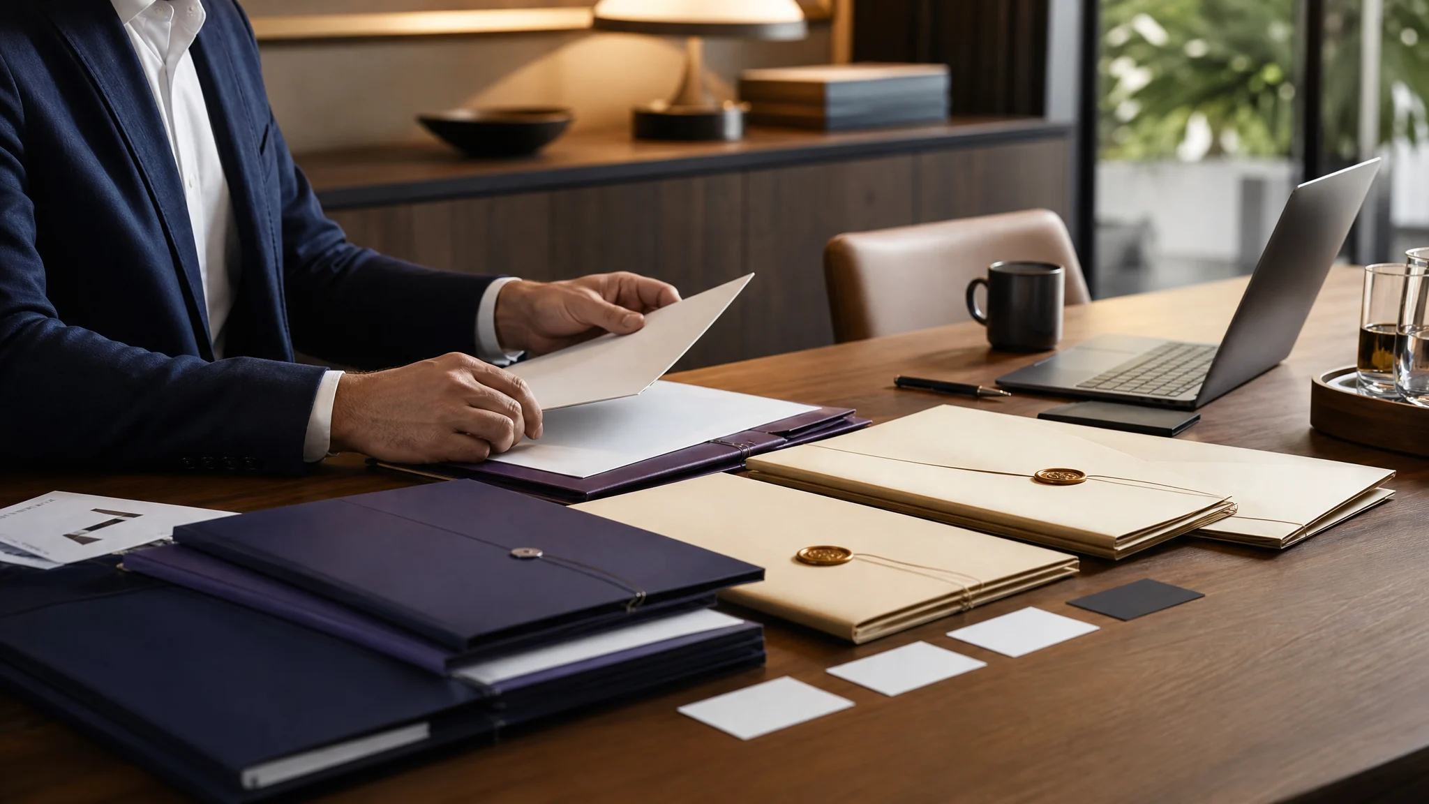 Founder reviewing exit planning notes at a conference table with business documents and a laptop