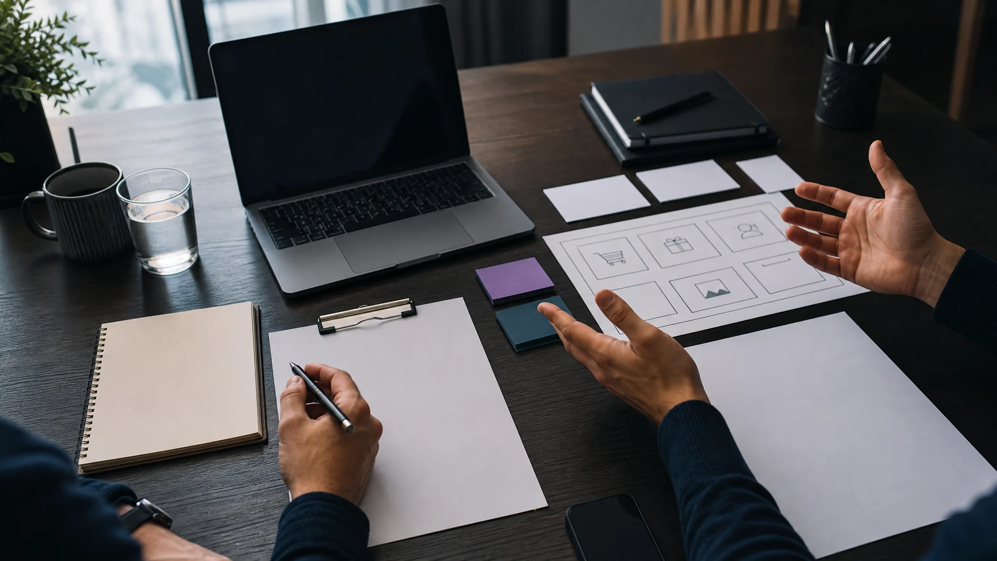Founder planning a lean online business budget at a desk with laptop, notebook, and simple business materials