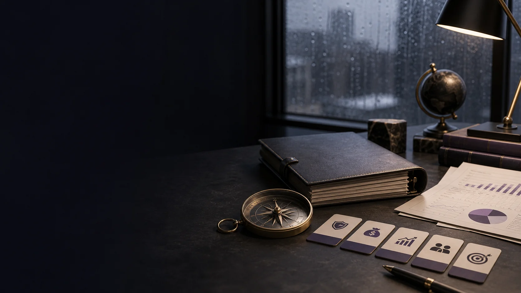 Compass and deal folder on a moody desk for buying a business in a recession