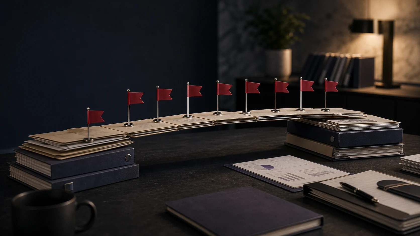 Deal room folder bridge interrupted by red flag markers