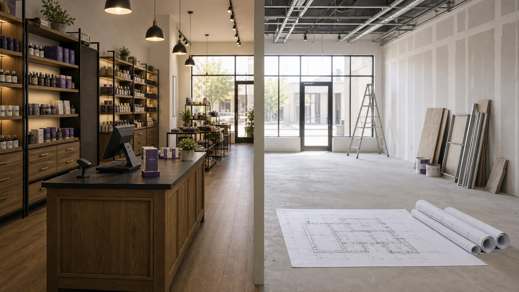 Established business counter contrasted with empty startup blueprint area