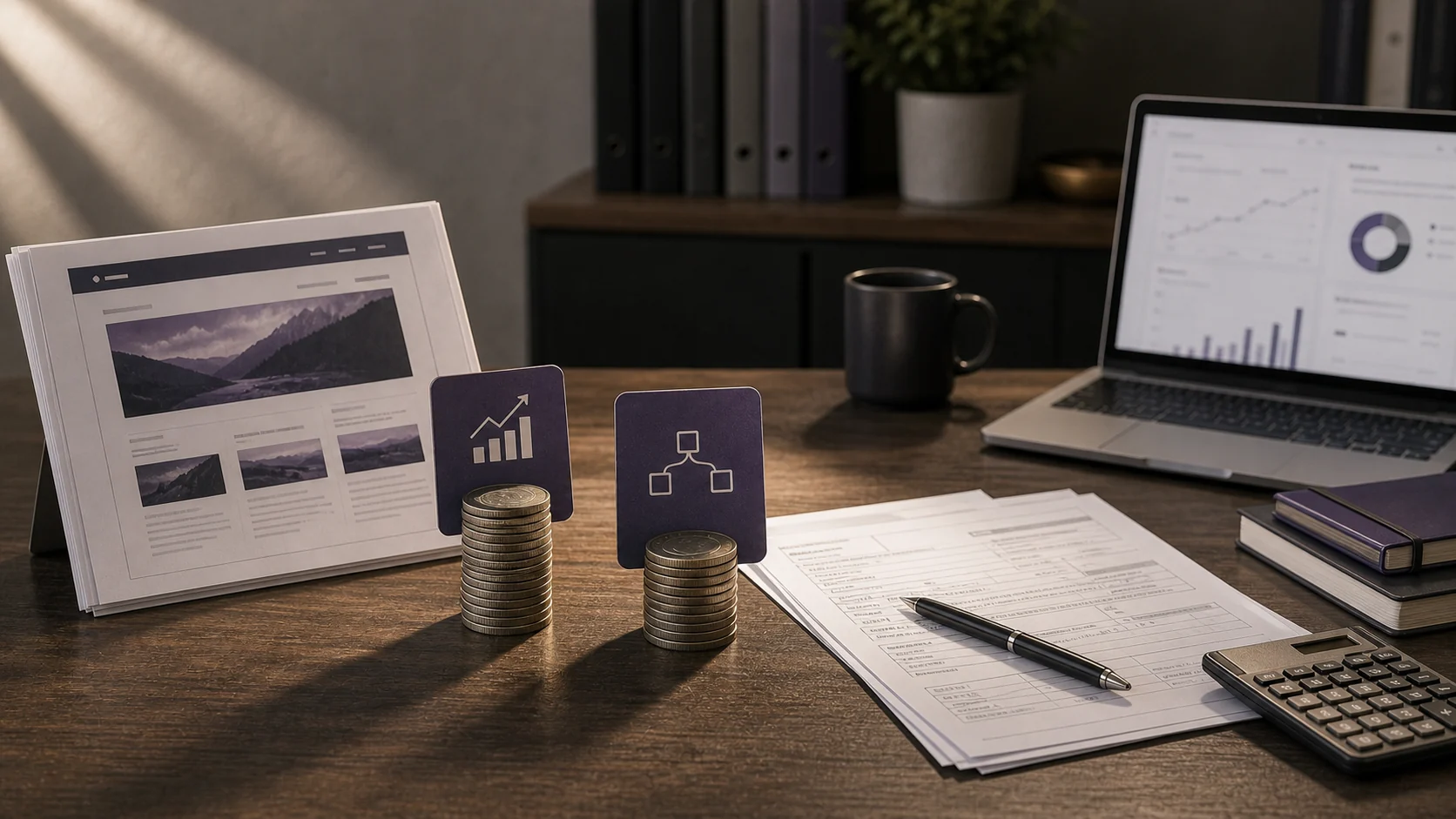 Website sale materials with tax forms and divided coin stacks