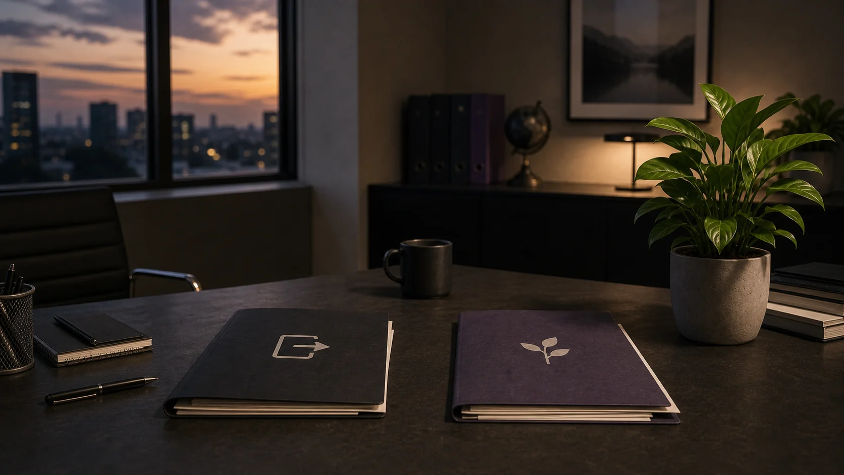 Two decision folders on office desk weighing sale versus growth