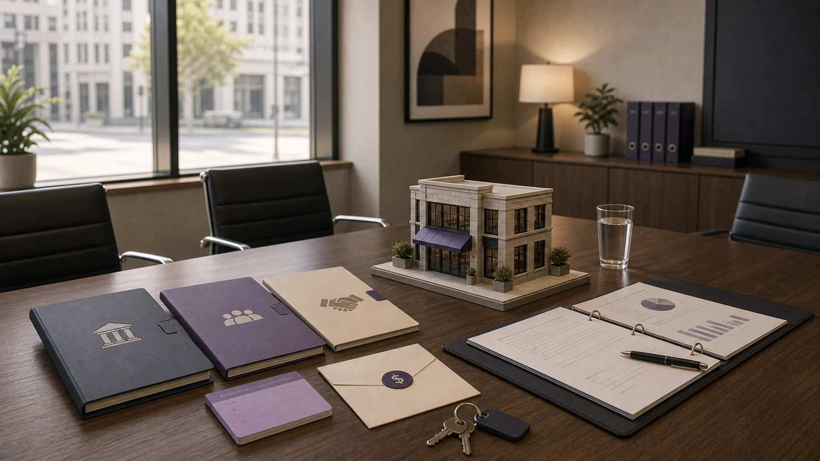 Bank meeting room with acquisition financing folders and business keys
