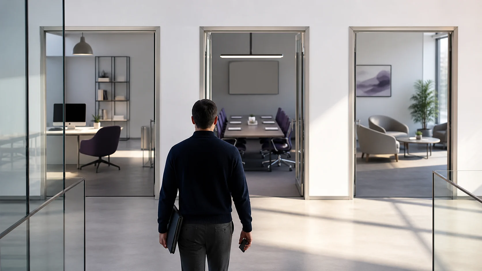 Founder choosing among three business sale paths in a bright advisory center