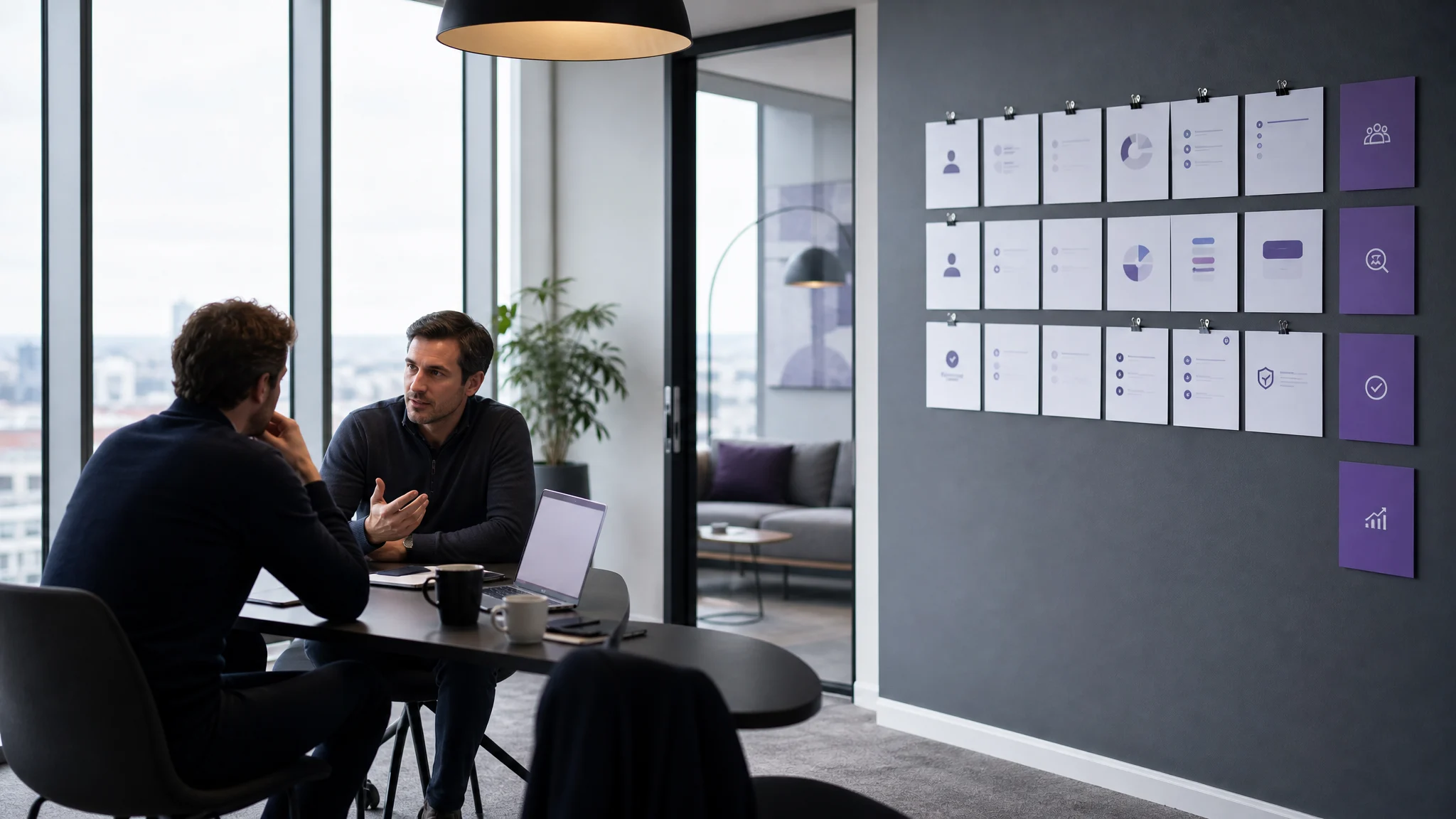 Founder reviewing SaaS exit options with an advisor in a modern office setting