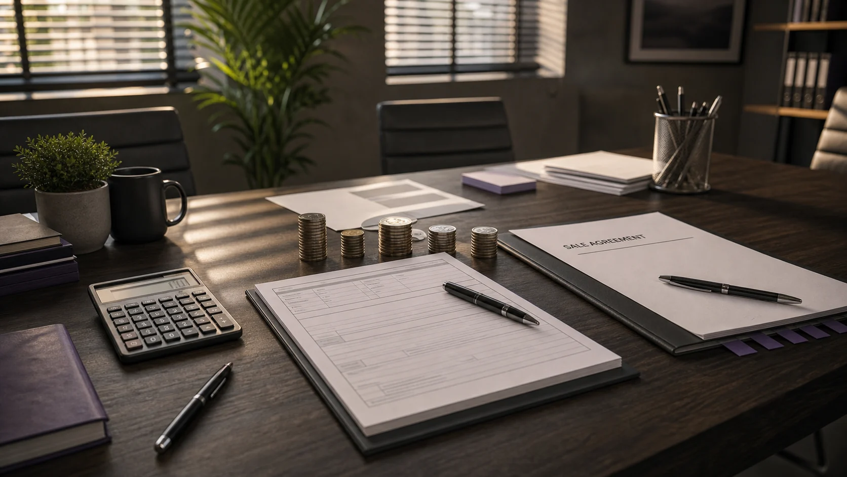 Tax advisor table with forms coin stacks and sale agreement folder