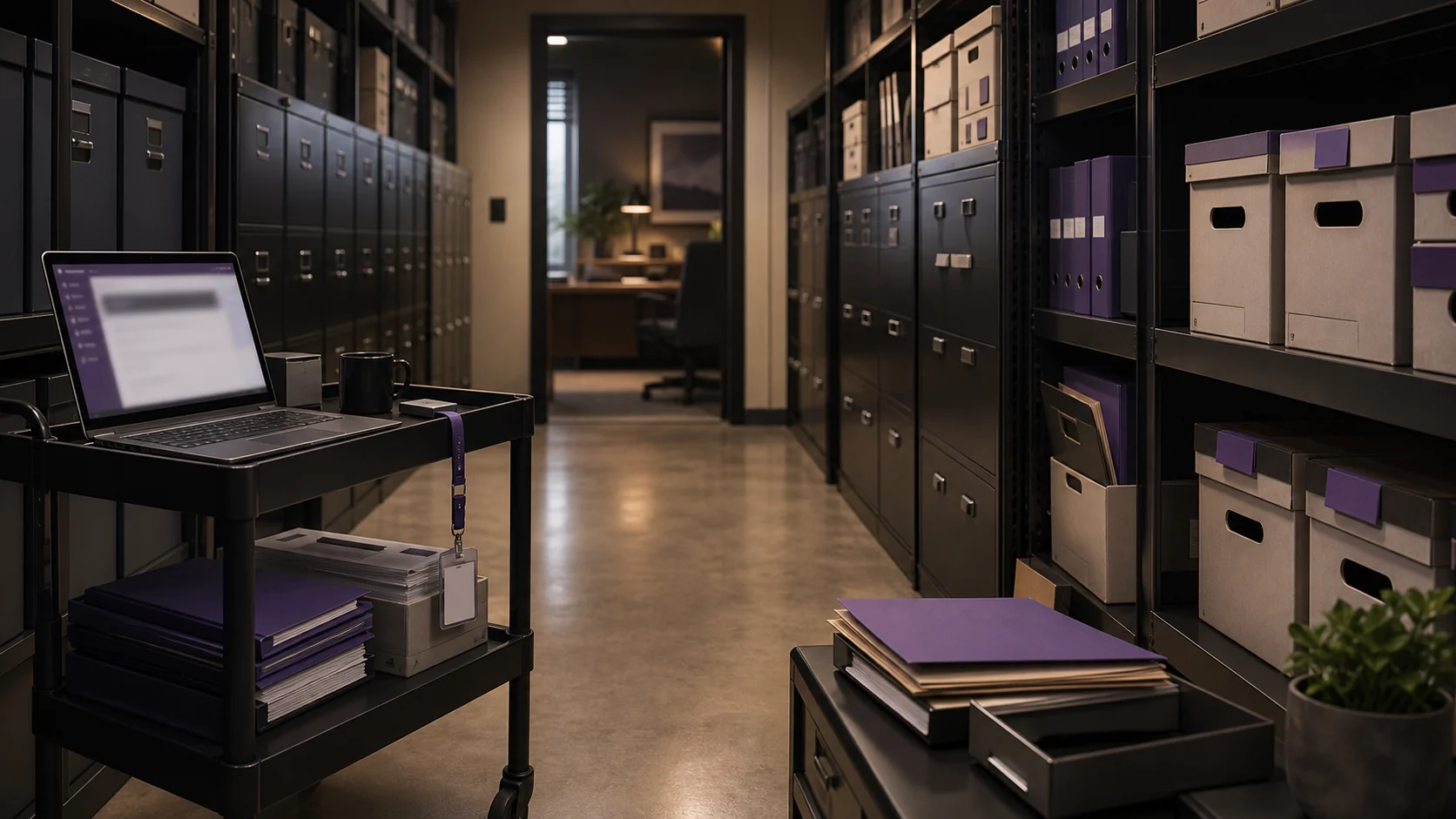 Secure data room aisle with SaaS due diligence materials