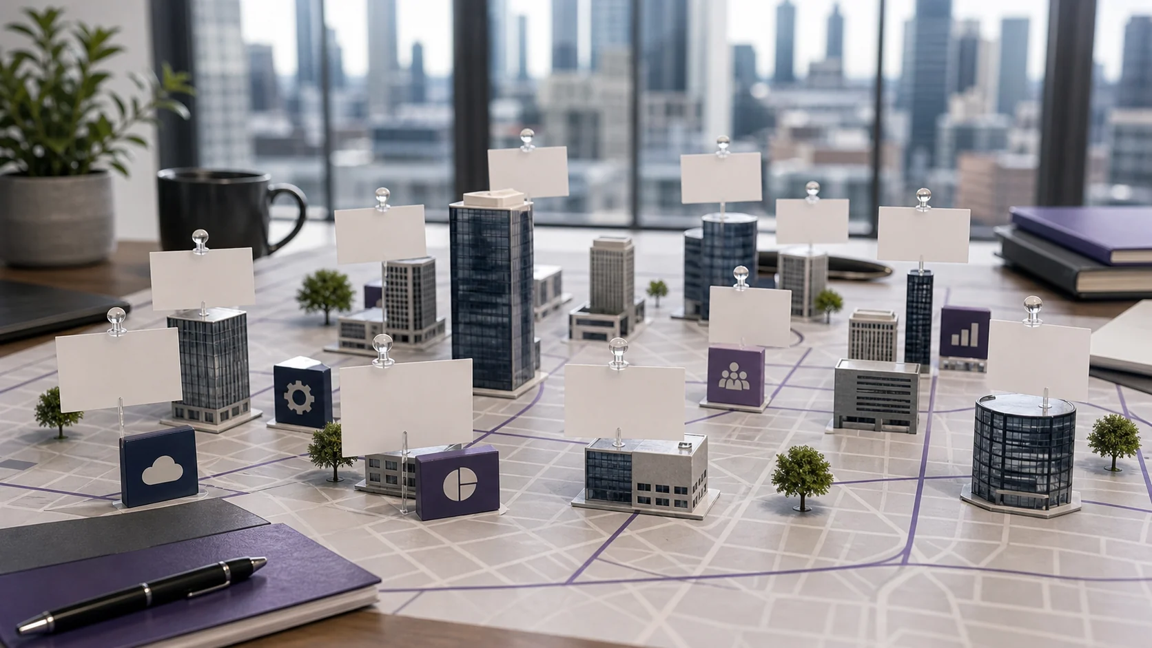 Miniature tech company towers and blank deal cards on an M&A market map